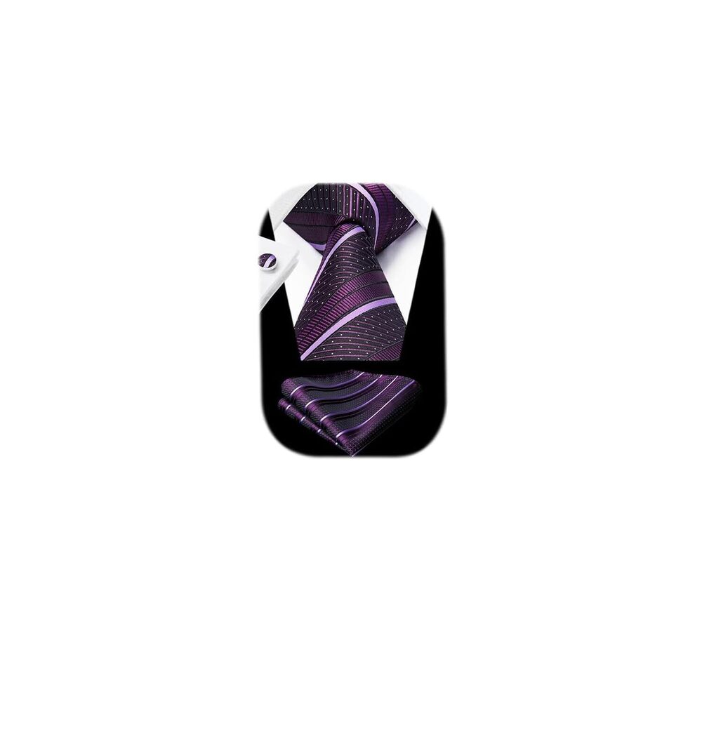 3556 Purple Ties Stripe Tie and Pocket Square Cufflinks Set Classic Formal